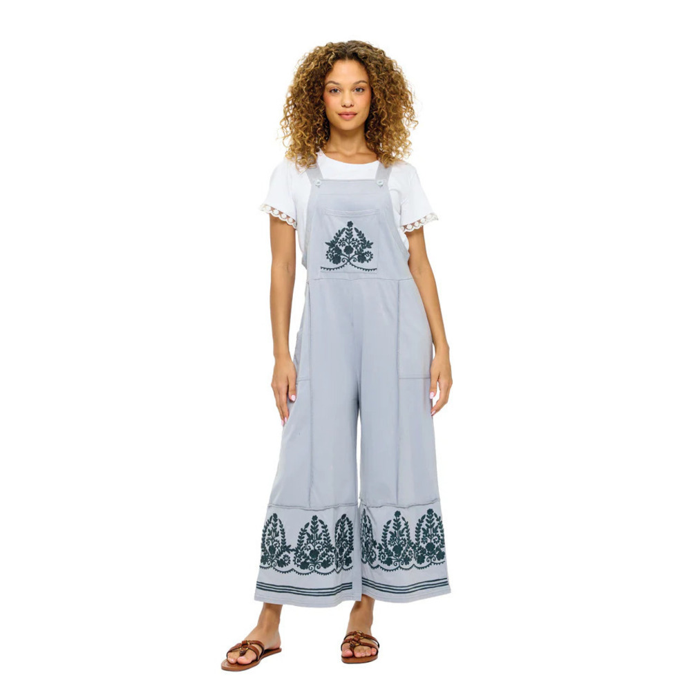 26424 G Yak & Yeti Boho Embroidered Details Midi Overall Gray Various Sizes